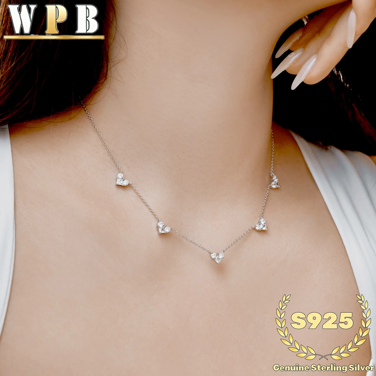 S925 Sterling Silver 5 Hearts Necklace Pave Sparkling Zircon Heart Pendant Romantic Jewelry for Women Valentine Anniversary Gift