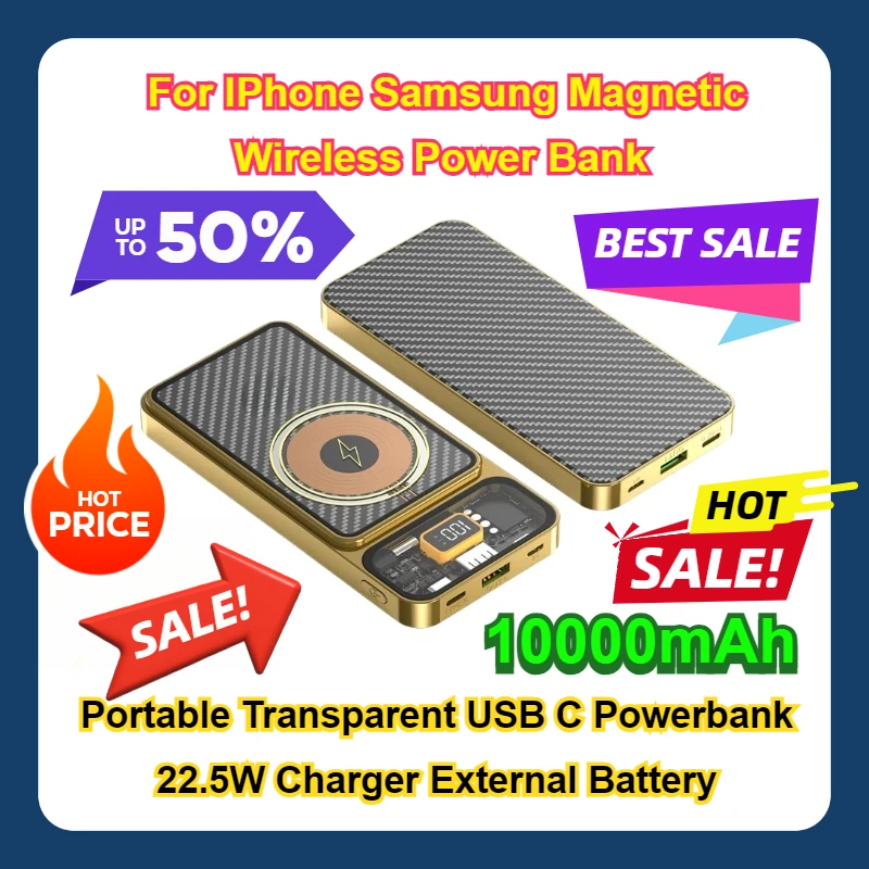 

For IPhone Samsung Magnetic Wireless Power Bank Portable Transparent USB C Powerbank 22.5W Charger External Battery 10000mAh