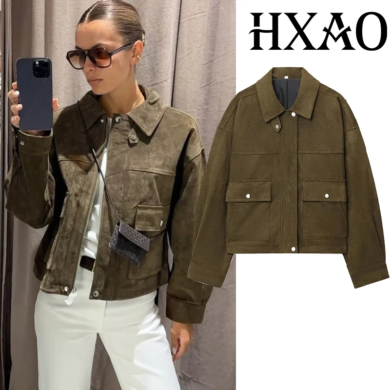 

HXAO Women's Bomber Jacket Cropped Coat Faux Leather Suede Jacket Autumn Long Sleeve New In Jackets Lapel Zip Up Varsity Jacket
