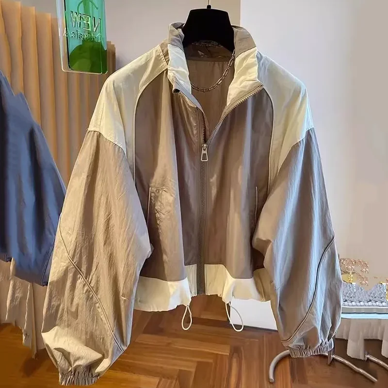 2026 Spring Summer Thin Casual Clothes Cardigan Women's European Products Spliced Contrasting Color Stand Collar Jacket Trend