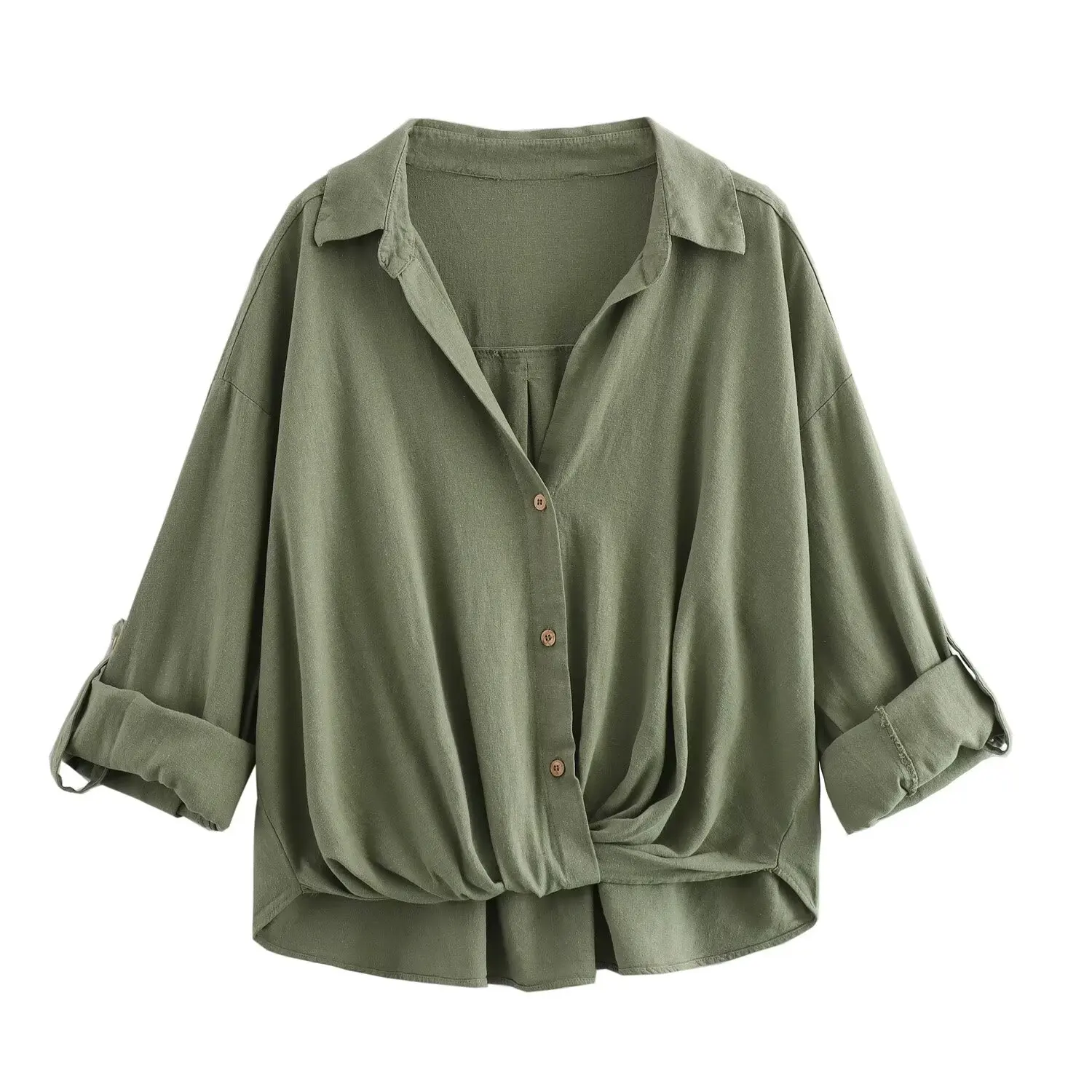 Single Breasted Long Sleeved Top for Women Linen Material Knot Decoration Casual Curled Edge New