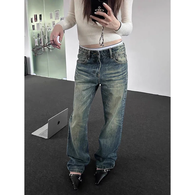 

ZHIZOU женские синие мешковатые джинсы Y2k Harajuku эстетические японские джинсовые брюки в стиле 2000-х годов винтажные брюки-карго мусорная одежда