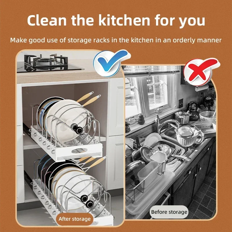 Pull Out Pot Lid Holder Kitchen Pots and Pans Organizer Under Cabinet Slide Out Pot Pan Organizer Rack Sliding Dish Drying Shelf