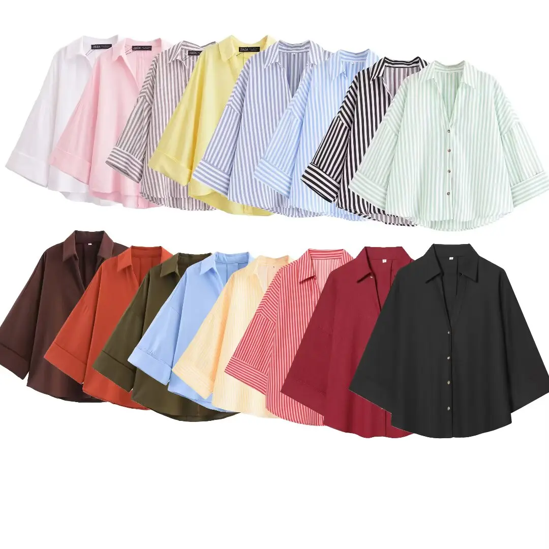 Faionable Street Sle mujer irt v-ne ancho Sve Simple combina todo todo nuevo Otoño Invierno fibra de poliéster largo Sve rayas