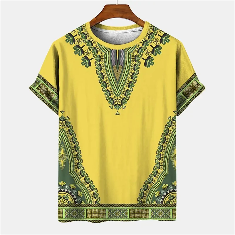 Summer Men\'s Vintage T-shirt African Tradition Stripe Printed Ethnic Style T Shirts Street O-Neck Short Sleeve Holiday Tees Tops