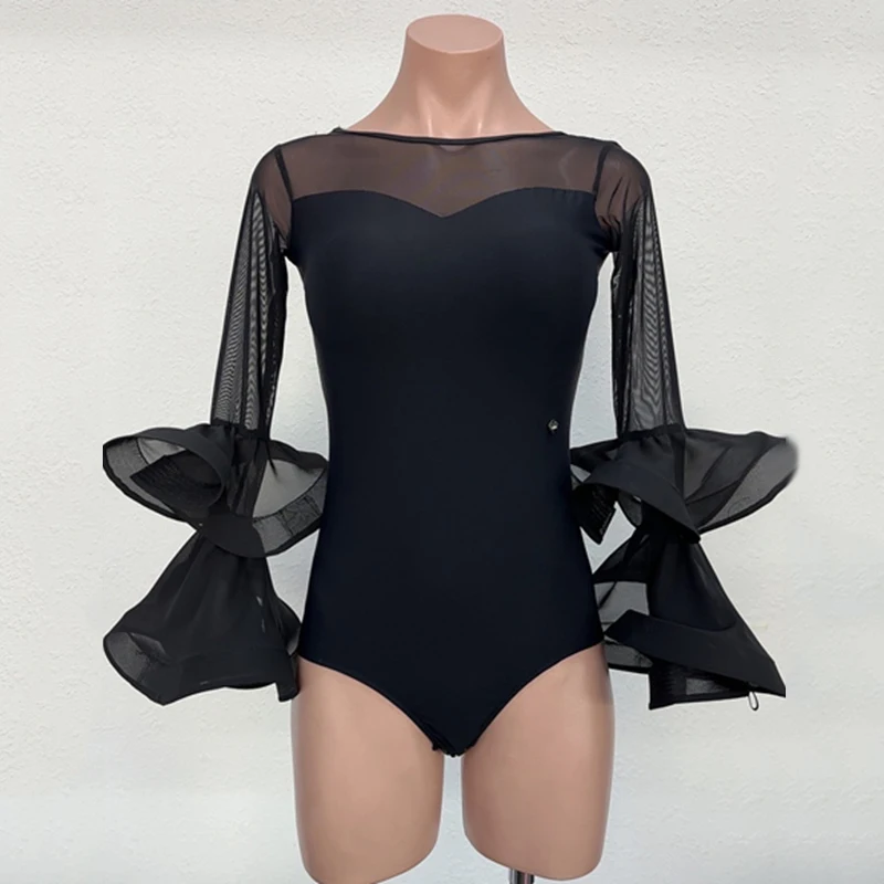 

Ballroom Dance Practice Clothing Latin Standard Waltz Dance Costume Balck Flare Sleeve Bodysuit Lady Modern Dancewear Top 1402