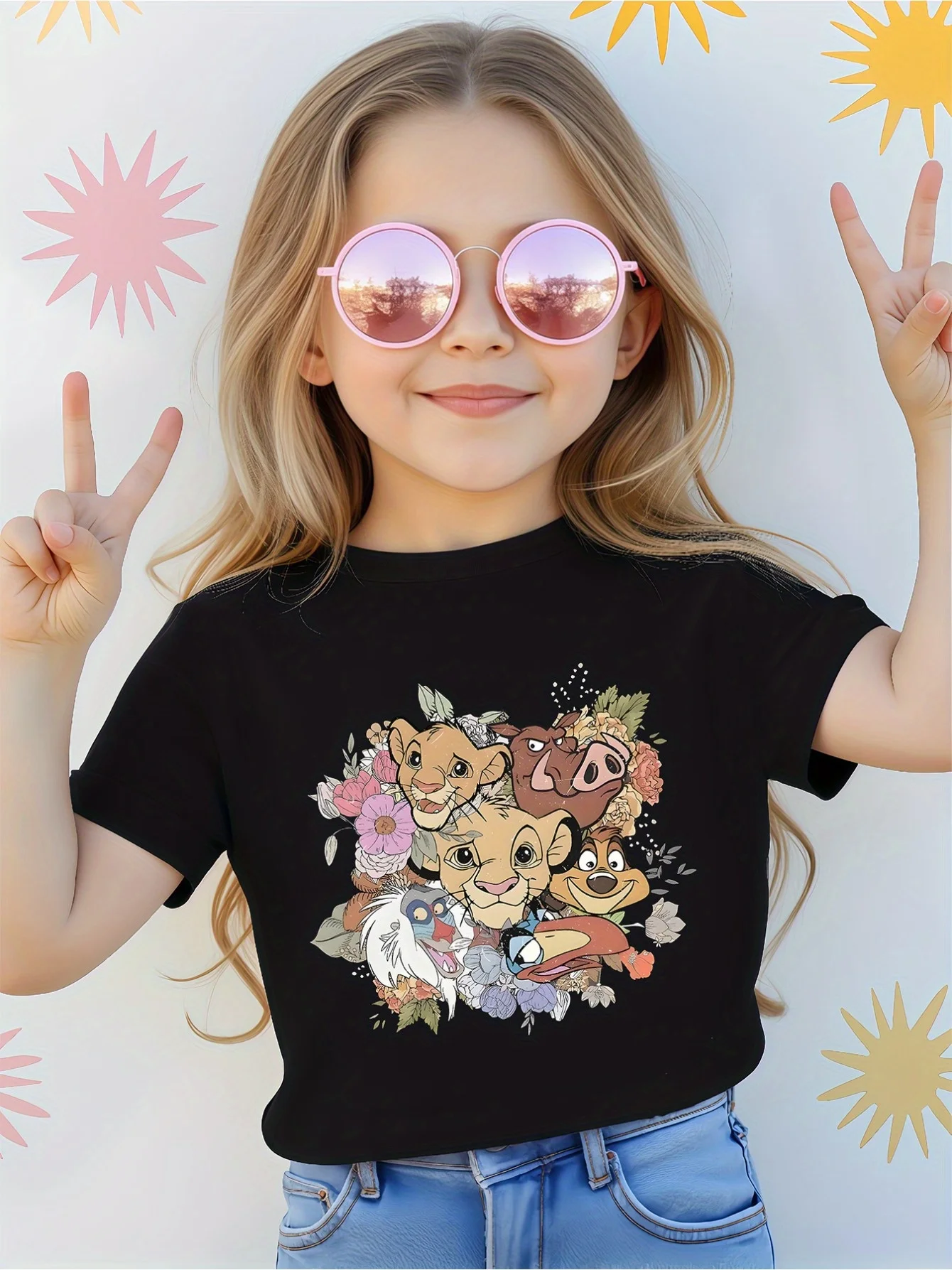 تي شيرت ديزني ليون كينج المطبوع للفتيات Happy Play توب مناسب للأم والابنة من القطن الخالص برقبة دائرية وأكمام قصيرة #3