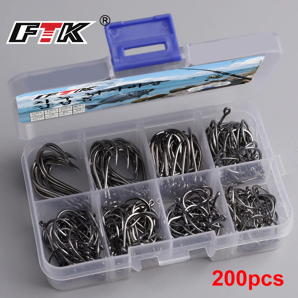 200 pcs fishing hooks FTK 200PCS Fishing Hooks Set High Carbon Steel Sharp Durable Barbed  Fishhook Rock Fishing Equipment Gear Tackle Accessories