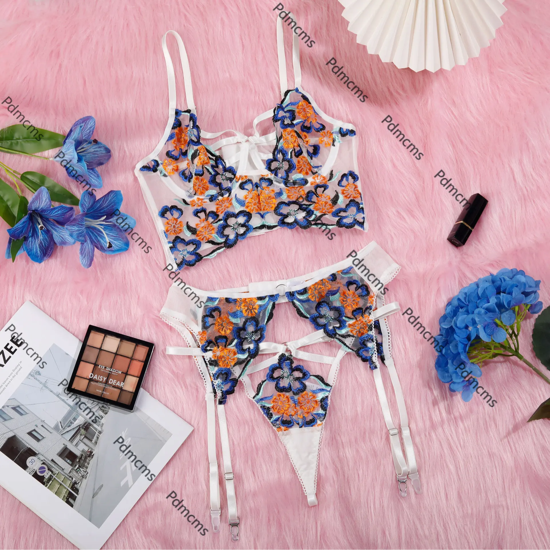 2025 new European and American AliExpress mesh perspective embroidery garter belt sexy underwear four-piece set of fun set 2120