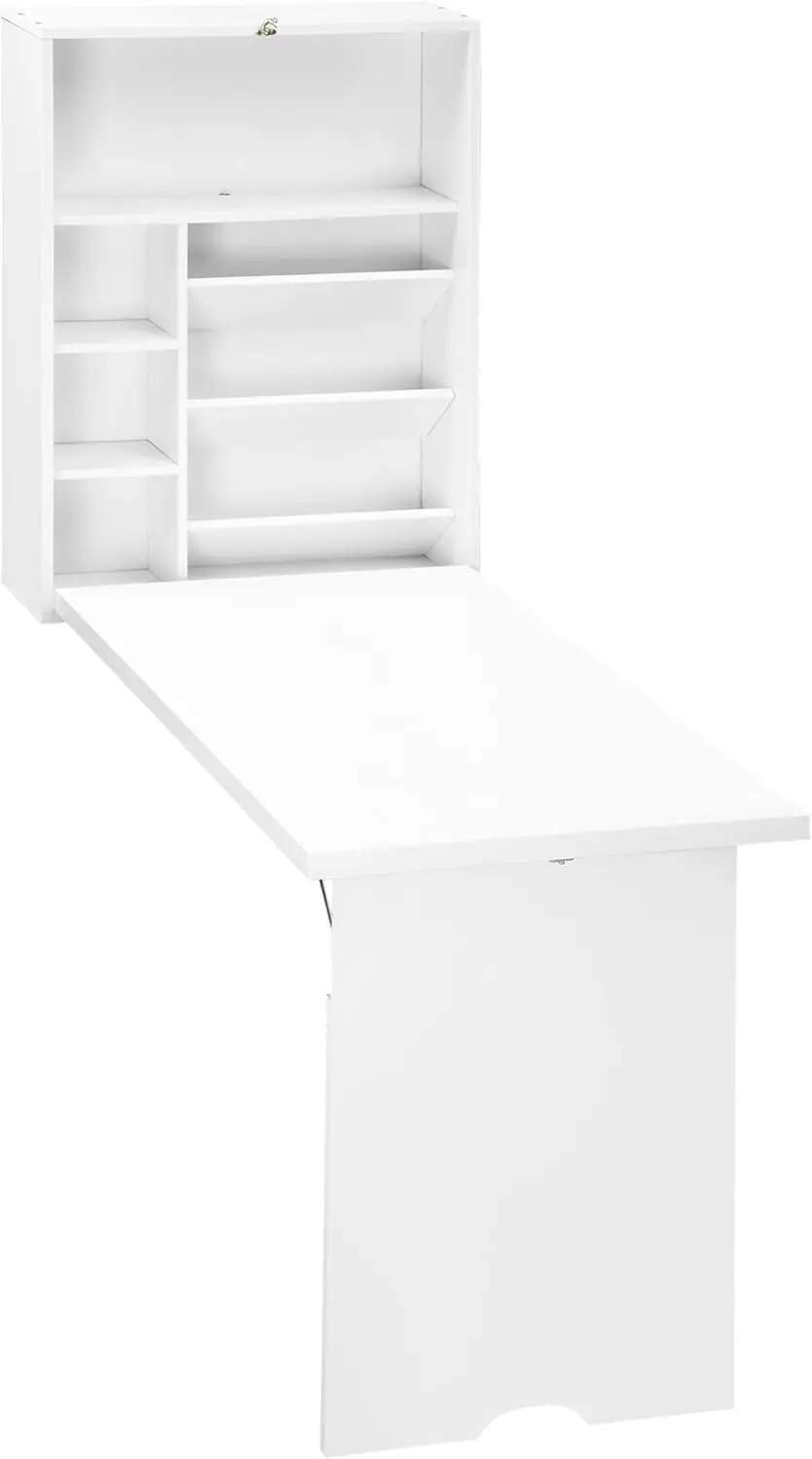 Wall Mounted Fold Out Convertible Desk, Multi-Function Floating Desk with Storage Shelf for Home Office, White