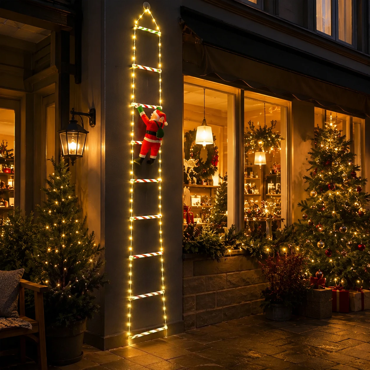 3M Christmas Santa Ladder Decoration, Lighted Climbing Santa Hanging Ornament for Home Garden Outdoor Tree Holiday Display