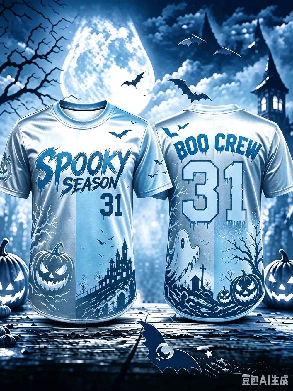 Rosa-Schwarzes geteiltes Halloween 3D-gedrucktes Jersey T-Shirt „Spooky Season Boo-Crew 31“ mit Kürbis-, Geister- und Fledermaus-Motiven, Gothic-Herbst-Party-Sport-T-Shirt – Detail 3