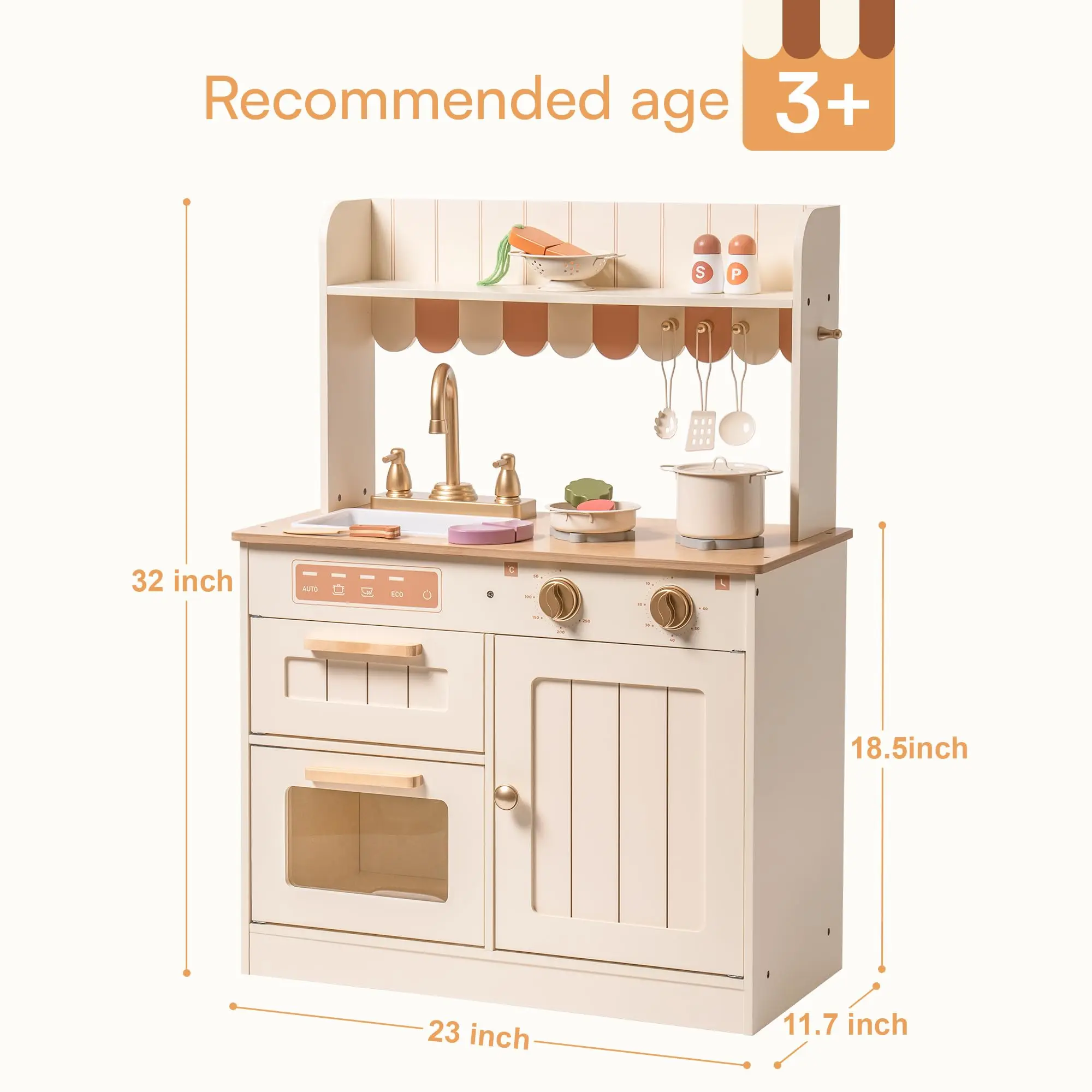 ROBOTIME Play Kitchen Set da gioco da cucina in stile vintage americano in legno con design realistico, lavello, forno, stufa, mobiletto per bambini