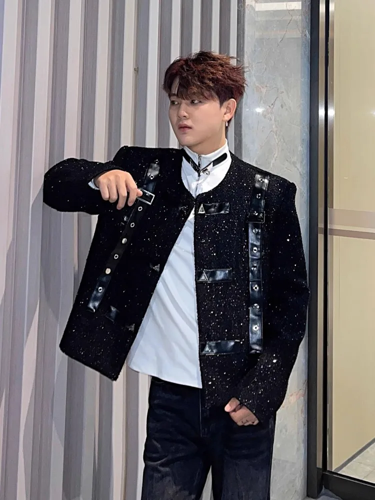 Designer Fashion Mens Tweed Jacket O-Neck Party Shiny Sequined Spliced Short Coat Loose Fit Personality Black Outerwear Male