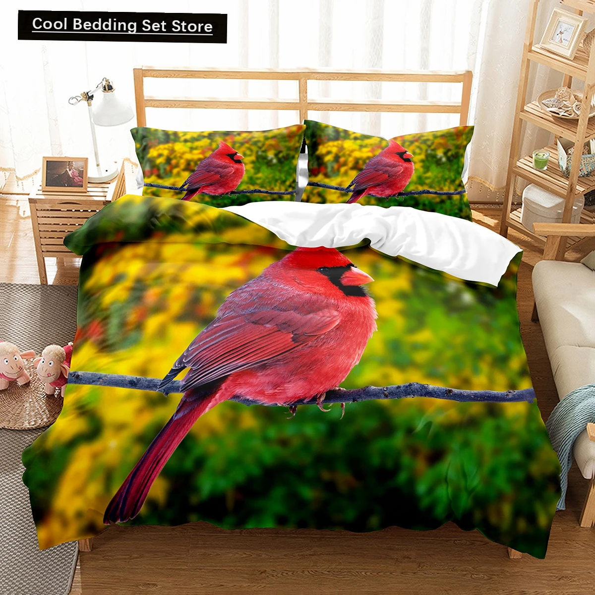 

Red Rare Birds King Queen Duvet Cover Tropical Flying Animals Bedding Set Wildlife Quilt Cover 2/3pcs Polyester Comforter Cover