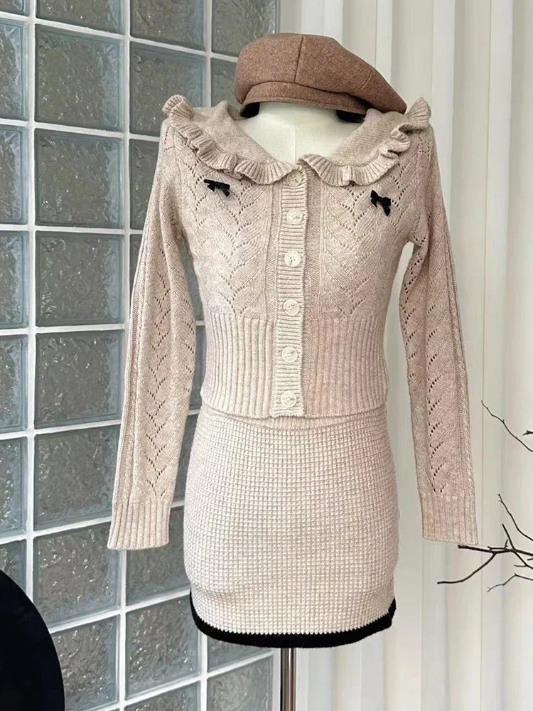 Winter Women Korean Old Money Shoujo 2000s Elegant Knit Mori Girl Outfits 2 Piece Set Long Sleeve Cardigan Sweater + Mini Skirts