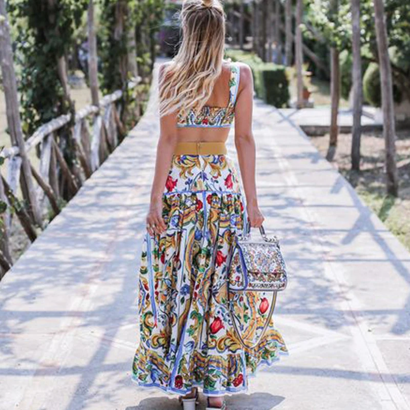 Plus Size Women Boho Dress Two Piece Set Floral Long Maxi Dress Casual Loose Vintage Print Pad Crop Top Summer Beach Dress 2022