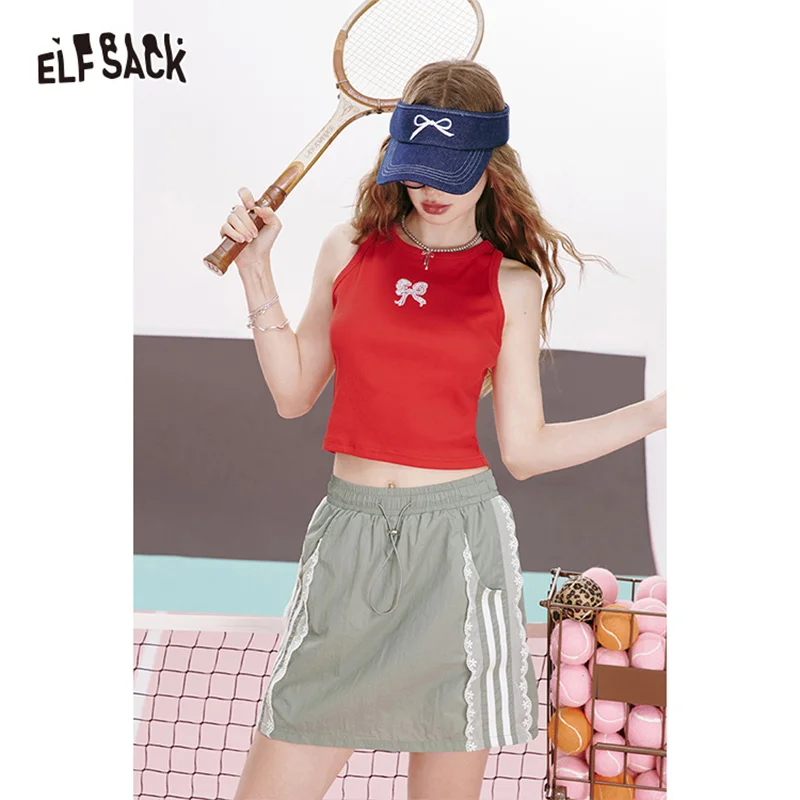 ELFSACK 2024 summer new arrival Cyan lace stitching A-line casual sports breathable workwear skirt for women