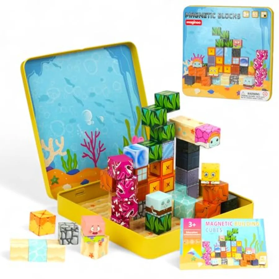 

49PCS Mini Magnetic Blocks Theme Sea Life STEM Building Cubes, Educational Magnet Toy with Iron Box, Creative and Safe Travel G