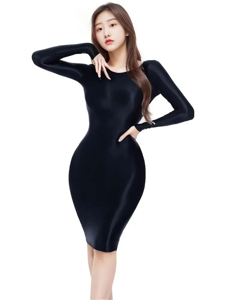 Long Sleeve Glossy Shiny Midi Dress Tights Package Hip OL Vestido Sexy Bodystocking Dresses Fantasy Clubwear Minifalda Robe Body