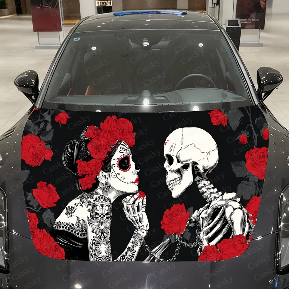 Day of the Dead Skeleton Couple Car Vinyl Wrap, PVC Waterproof Car Hood Sticker, Self-Adhesive Scratch-Resistant Stickers