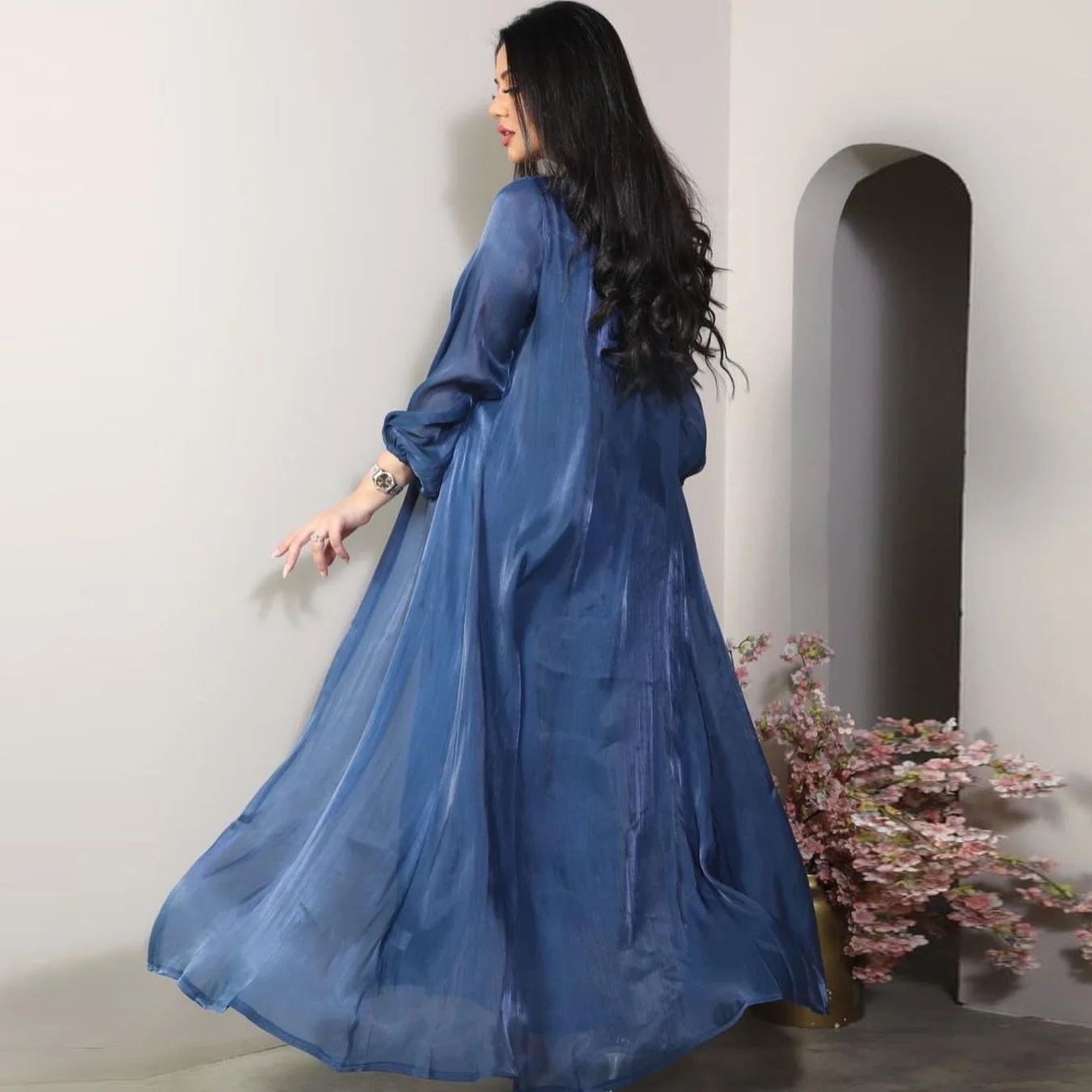 

UNI Party Evening Dress Muslim Women Open Abaya 2 Piece Set Silky Satin Dubai Dresses Eid Caftan Evening Robe Vestidos Abayas