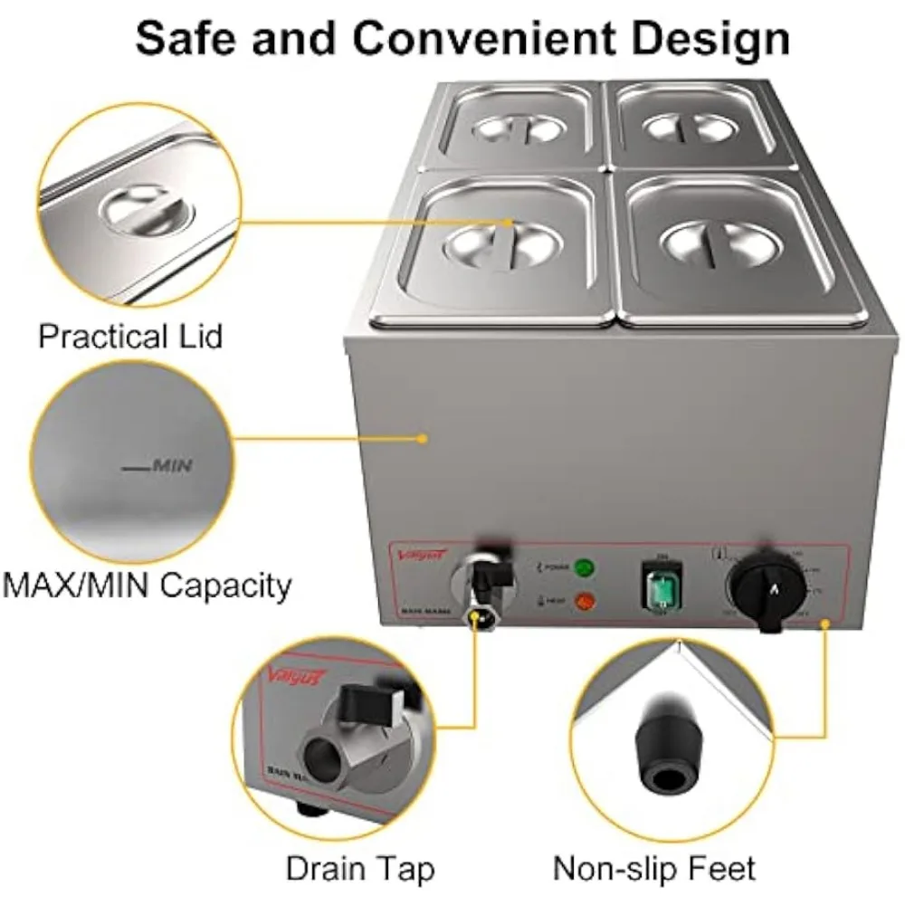 Bain Marie-calentador de Comida comercial de acero inoxidable, servidor de Buffet con tapa y grifo para el hogar, restaurantes, 4 secciones, 16 Qt