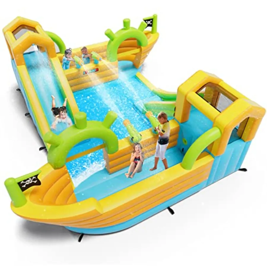 Backyard outdoor inflatable water slide park for kids: PVC material blue and red 10-in-1 design with pirate-boat slide 4 water