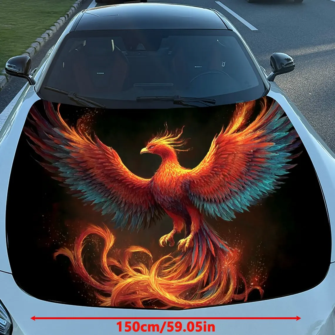Colorful Feathered Phoenix Car Hood Vinyl Wrap - Self-Adhesive Scratch-Resistant Waterproof PVC Decal, Fit For Trucks & Cars, Du