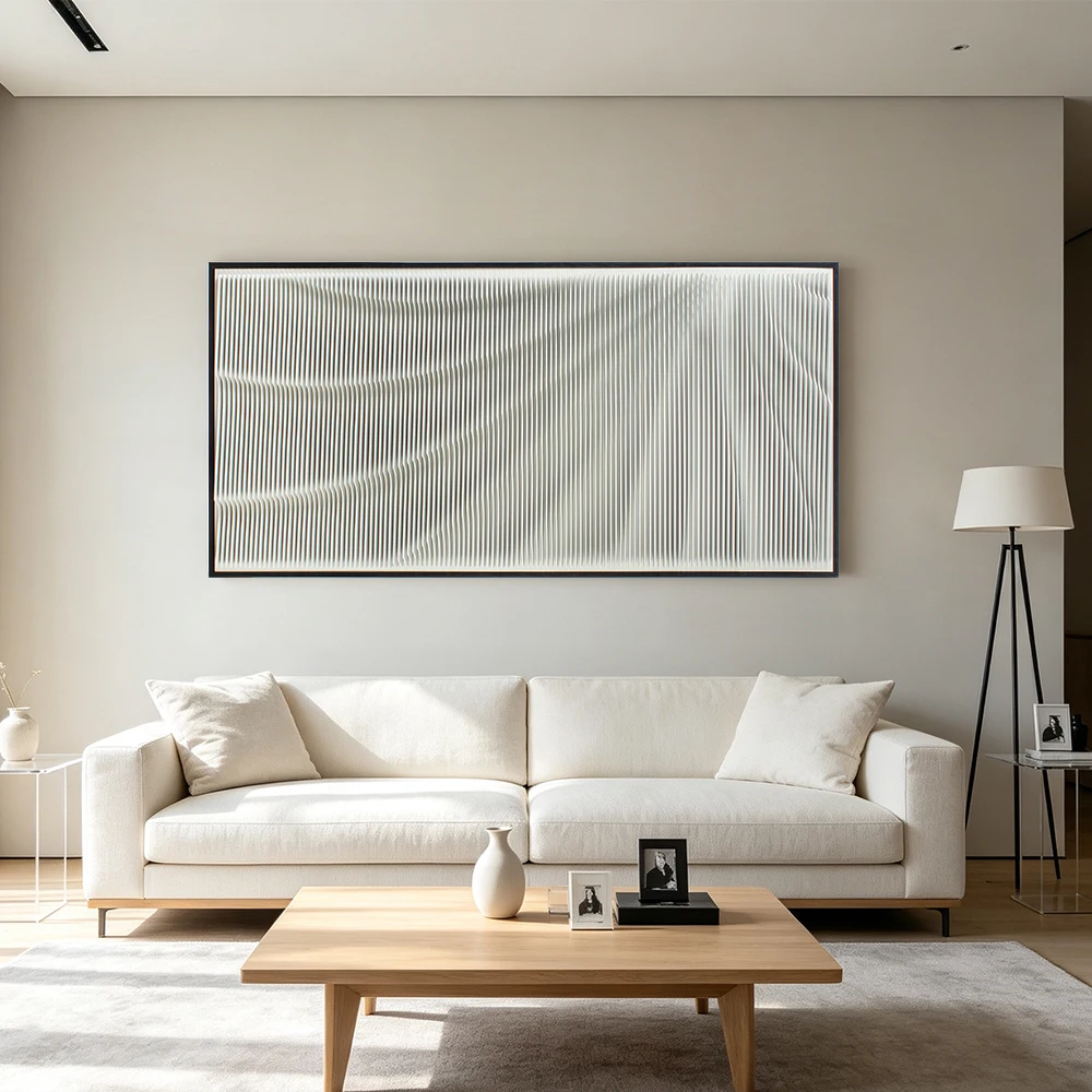 ih-Luxury Minimalist 3D Sculpture Wall Art Hand Carved Abstract Flow Line Wave Texture Shadow Box Neutral Grey Decor for Hotel-