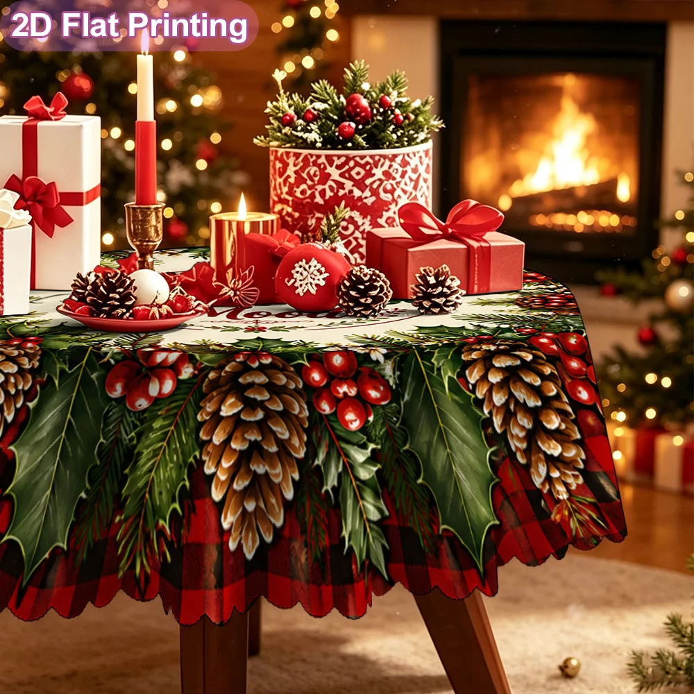 1 round tablecloth for festive table decorations - Christmas farmhouse wreath print table cover with embossed edges