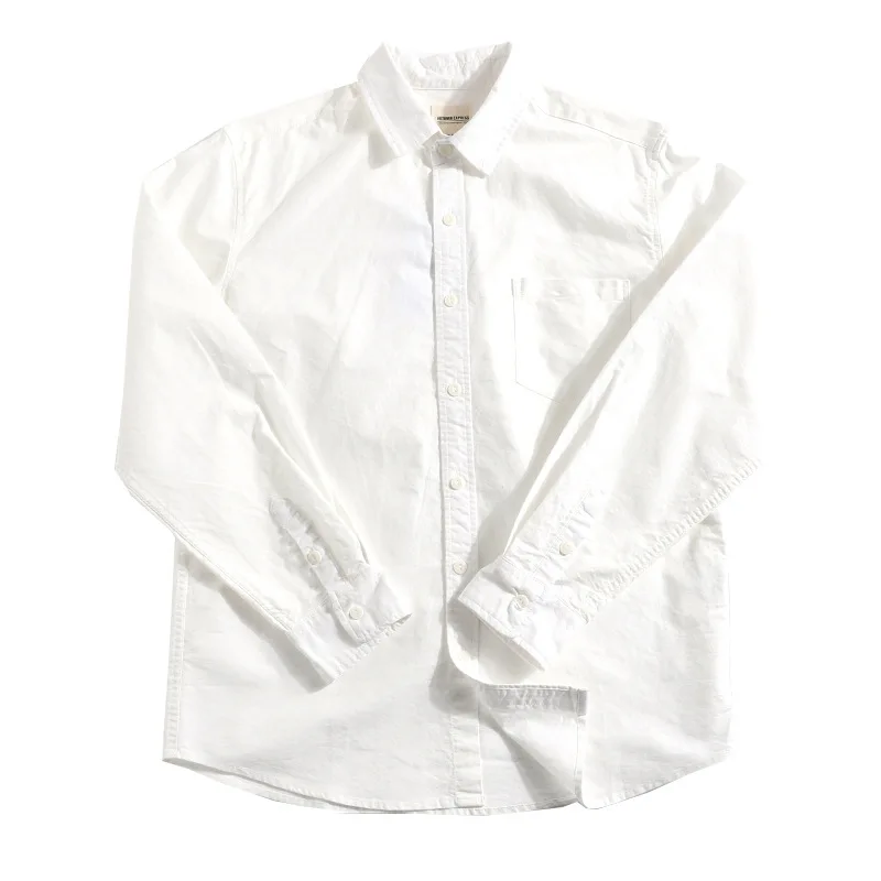 High Quality 100% Cotton Oxford Shirt Men\'s Long Sleeve Japanese Retro White Shirt Unisex Classic Casual Loose Fit Shirt Coats