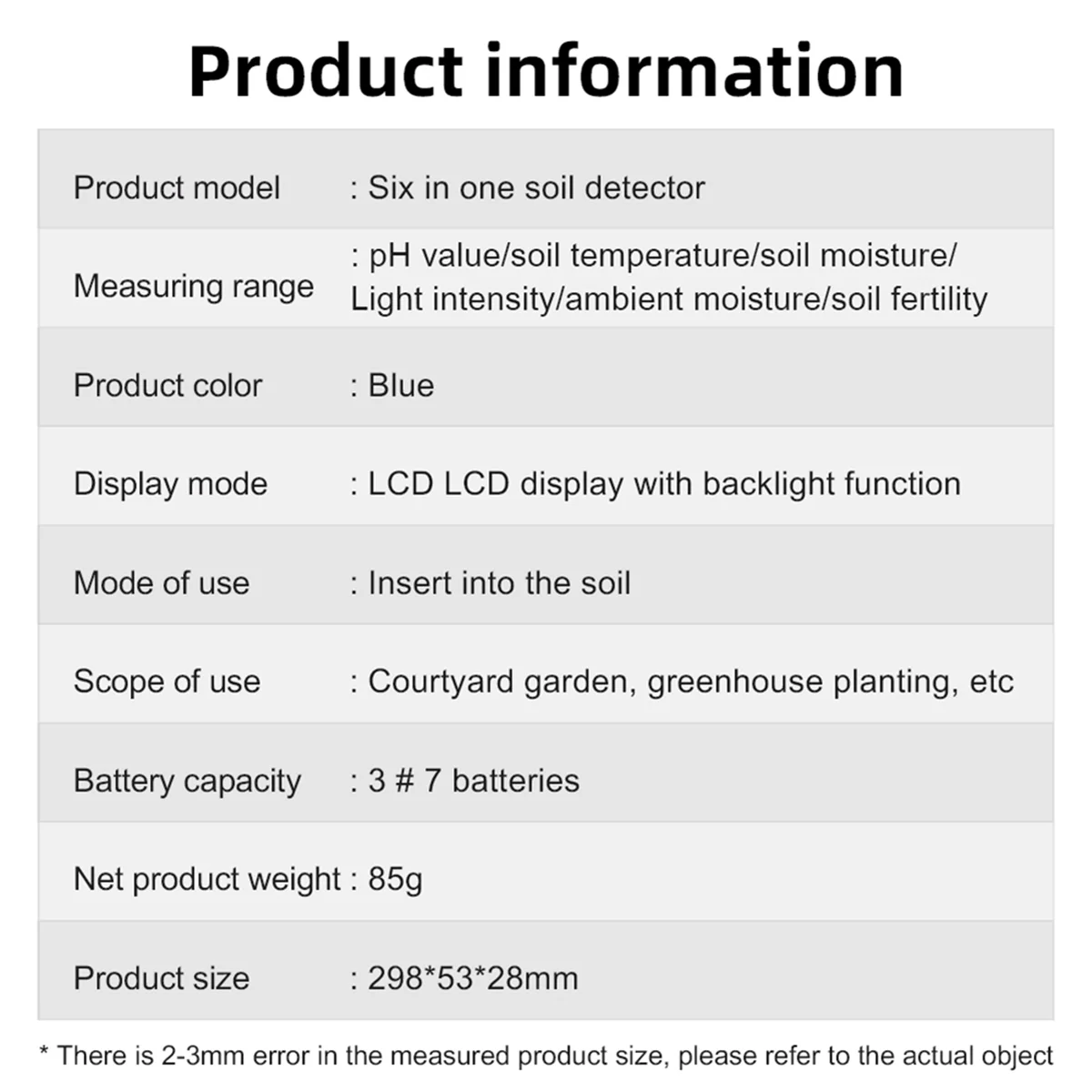 A03R 6-in-1 Soil Tester Multi-Function Digital Soil PH Meter Large Screen Digital Display Test Value PH Meter