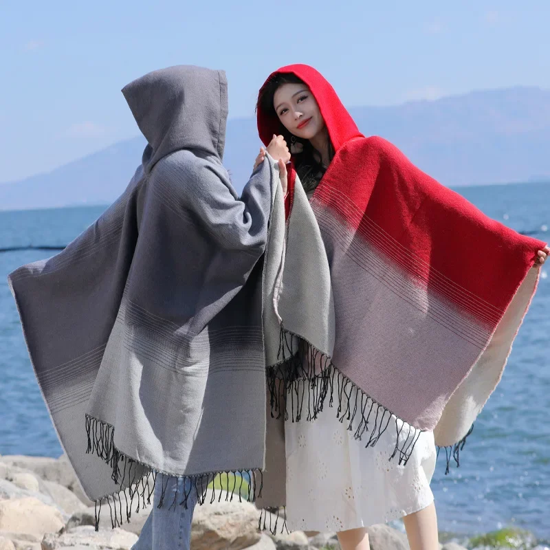 

Medieval Vintage Multicolor Hooded Cape Coat Women Winter Vintage Elegant Viking Robe Capes Costume Loose Shawl Long Cloak