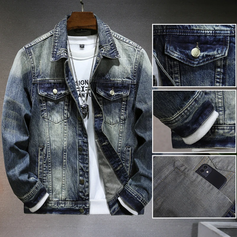 

Trendy Brand New Classic Retro Simple Versatile High-End Feeling Made Old Washed Elastic Denim Jacket For Men