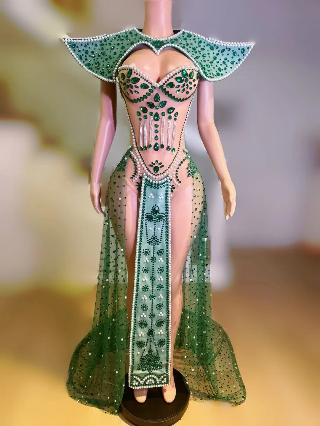 Sexiness Bodysuit 3Pieces Set for Women Cabaret Stage Performance Outfit Sparkly Green Rhinestone See Through Mesh Sexy Bodysuit