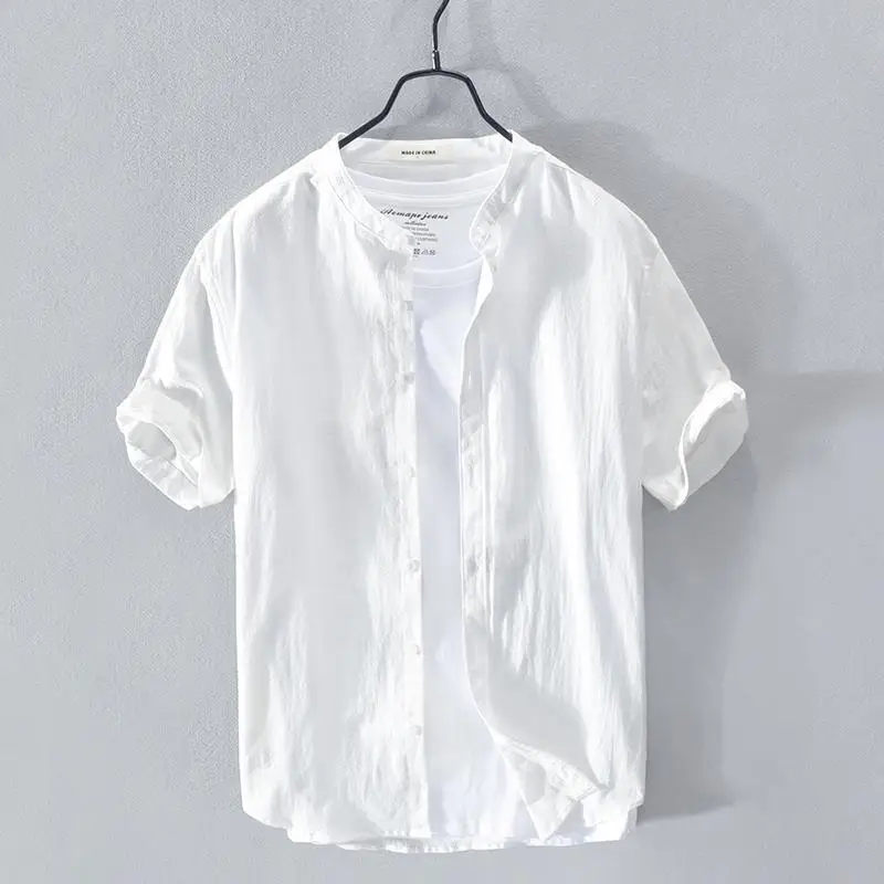 Trendy Brand Cotton Linen Short-sleeved Men's Summer Loose Wrinkled Cloth Shirt Chinese Style Retro Literary Stand Collar Shirt