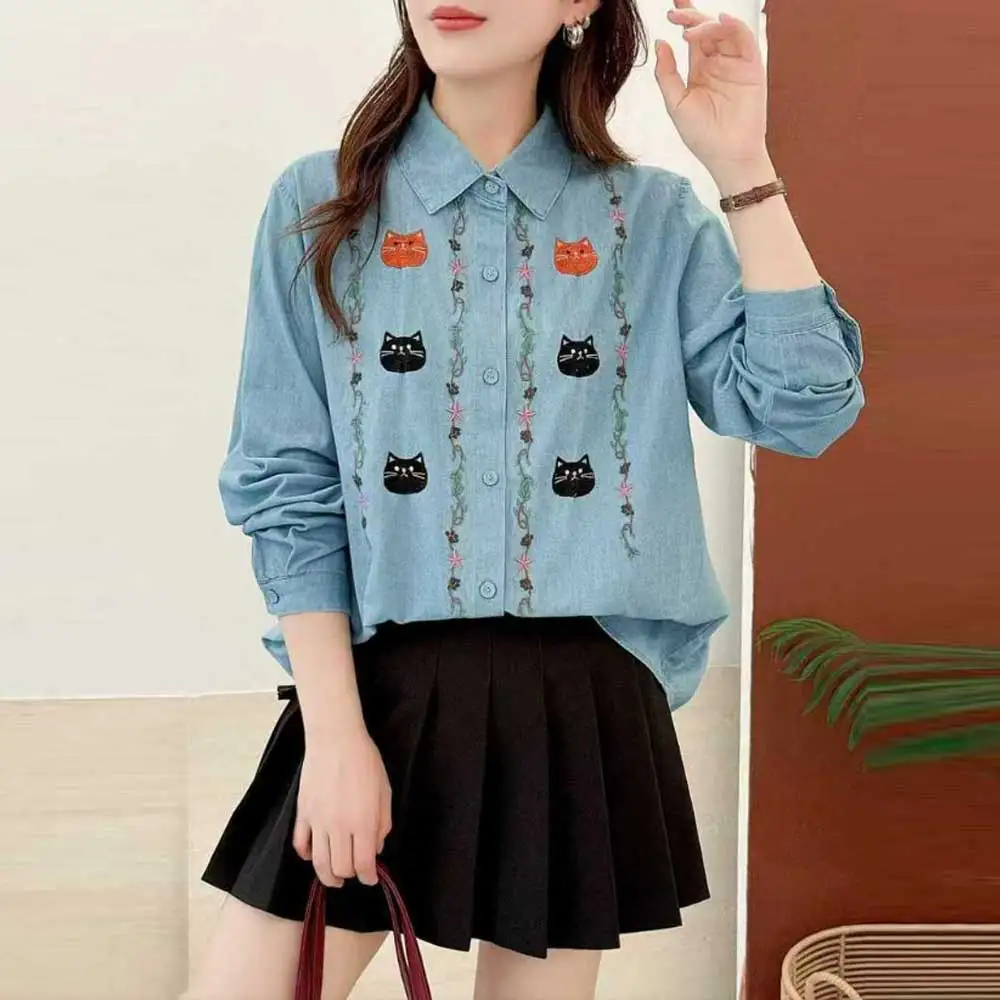 Japanese Vintage Mori Girl Cartoon Cat Embroidery Denim Shirts Women Autumn Turn Down Collar Long Sleeve Casual Jeans Blouse Top