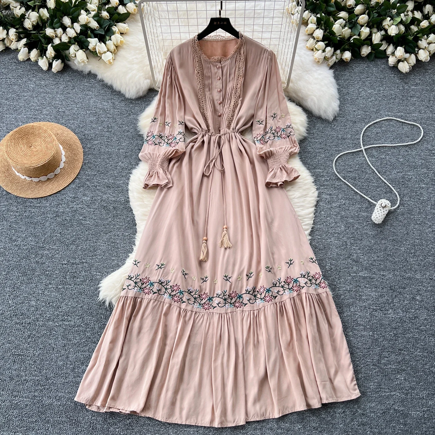 Vintage Elegant embroidery PATCHWORK lace ruffle Flare Sleeve sweet Dress  Women basics Fashion summer Spring dresse - AliExpress 200000345