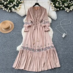 Vintage Elegant embroidery PATCHWORK lace ruffle Flare Sleeve sweet Dress Women basics Fashion summer Spring dresse