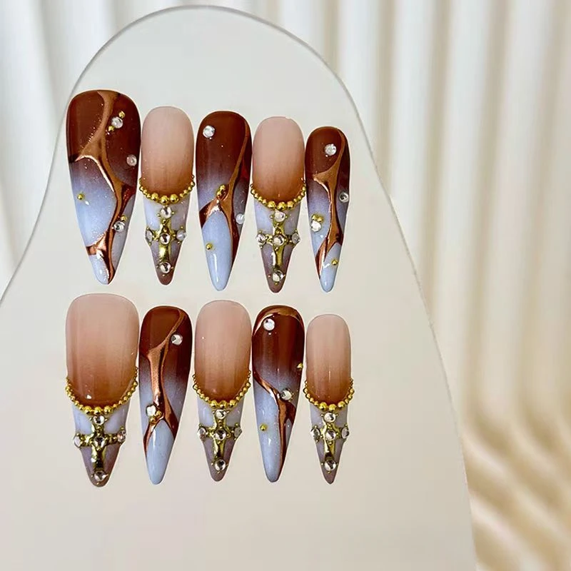 Handmade Manicure Wearing Manicure Maillard Color Brown Hand-painted Gradual Change Personality Design Nail Press On