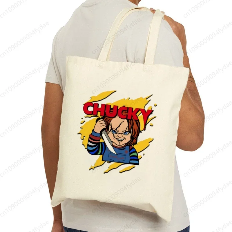 Chucky Halloween Horror Movie Unisex Handbags Custom Canvas Tote Bag Print Daily Use Reusable Travel Casual Shopping Bag