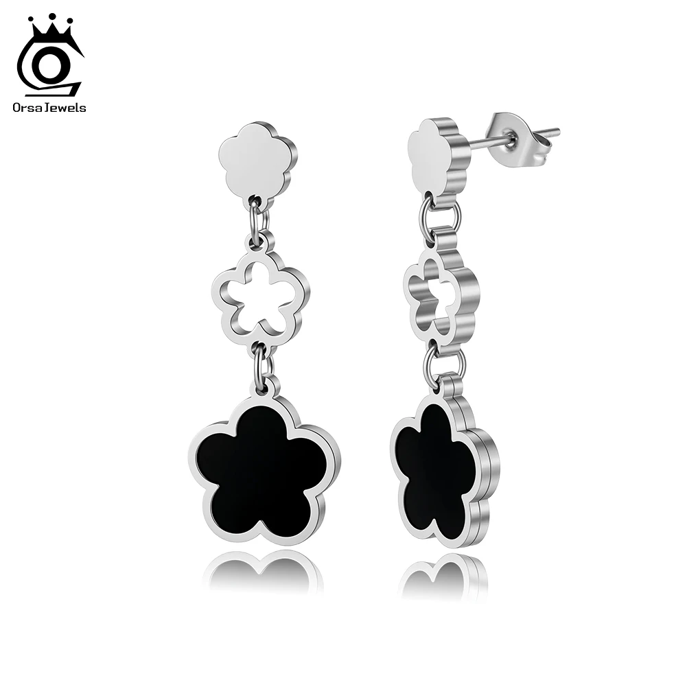 ORSA JEWELS Stainless Steel Waterproof Black Shell Drop Earrings Dainty 18K Gold Plated Flower Shape Temperament Jewelry STME02
