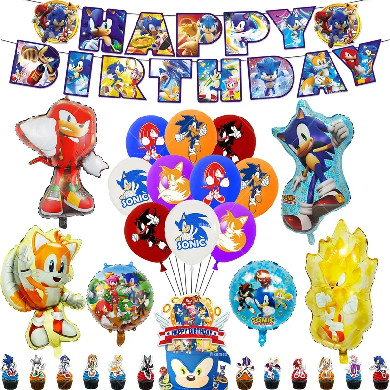 Sonic Balloons Happy Birthday Banner The Hedgehog Party Decoration Game Cake Topper Disposable Tableware Keychain Background Toy