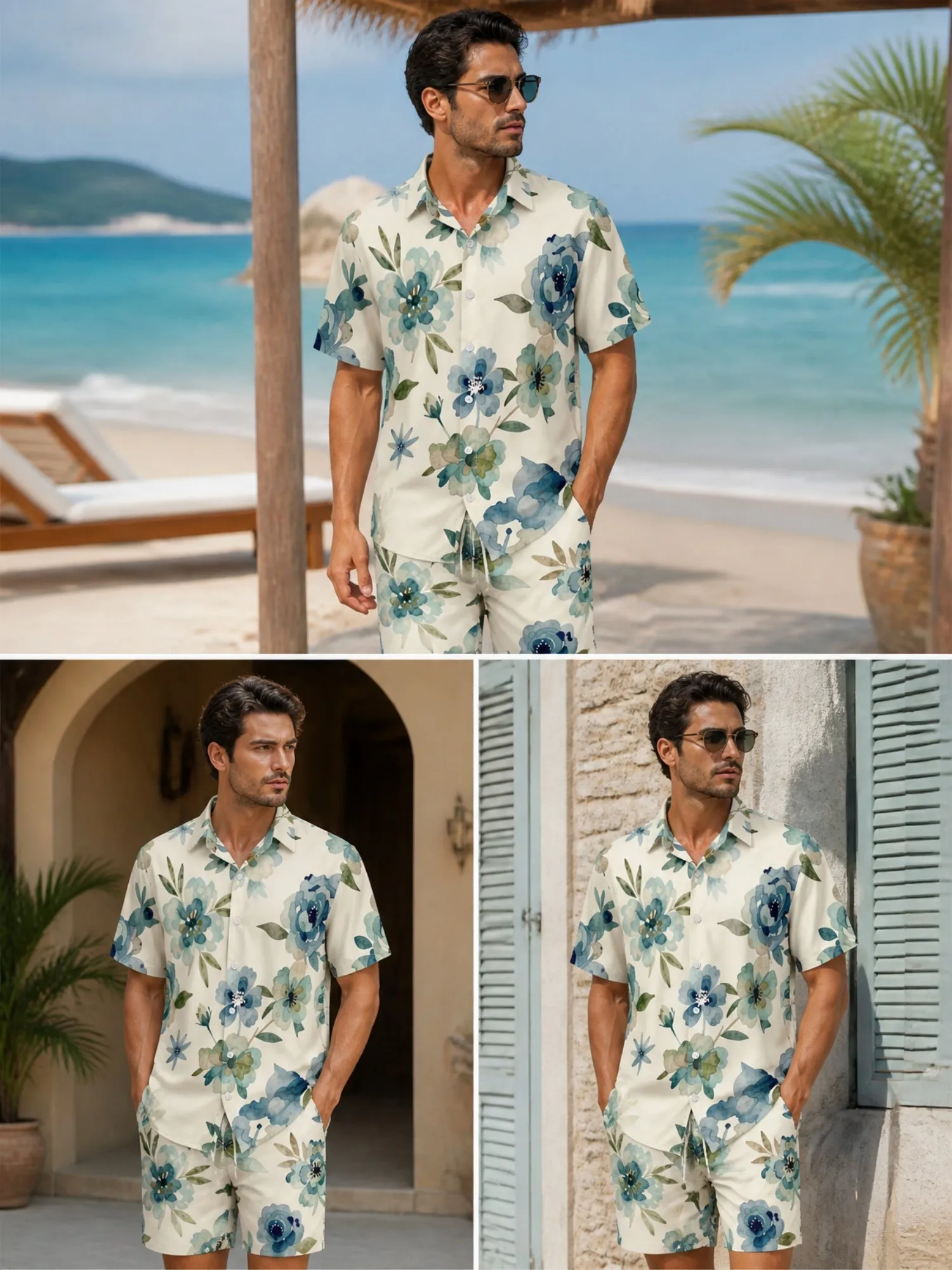 Ensemble chemise à manches courtes à fleurs et short à cordon de serrage pour homme, tenue de plage décontractée, ensemble de plage deux pièces assorti, vêtements de détente