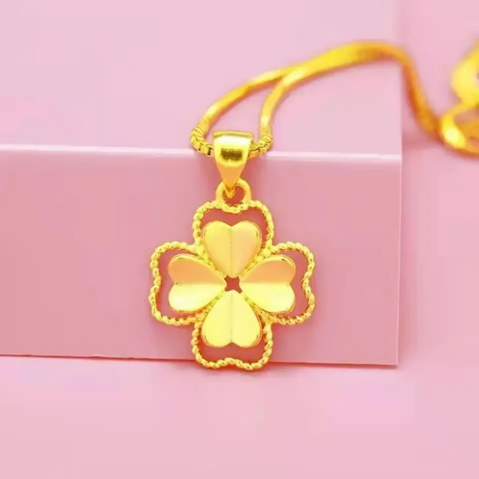 14 K Gold Color Lucky Clover Naszyjnik dla kobiet Drobna biżuteria Oryginalny kolor solidnego złota dla kobiet Luksusowa biżuteria ślubna