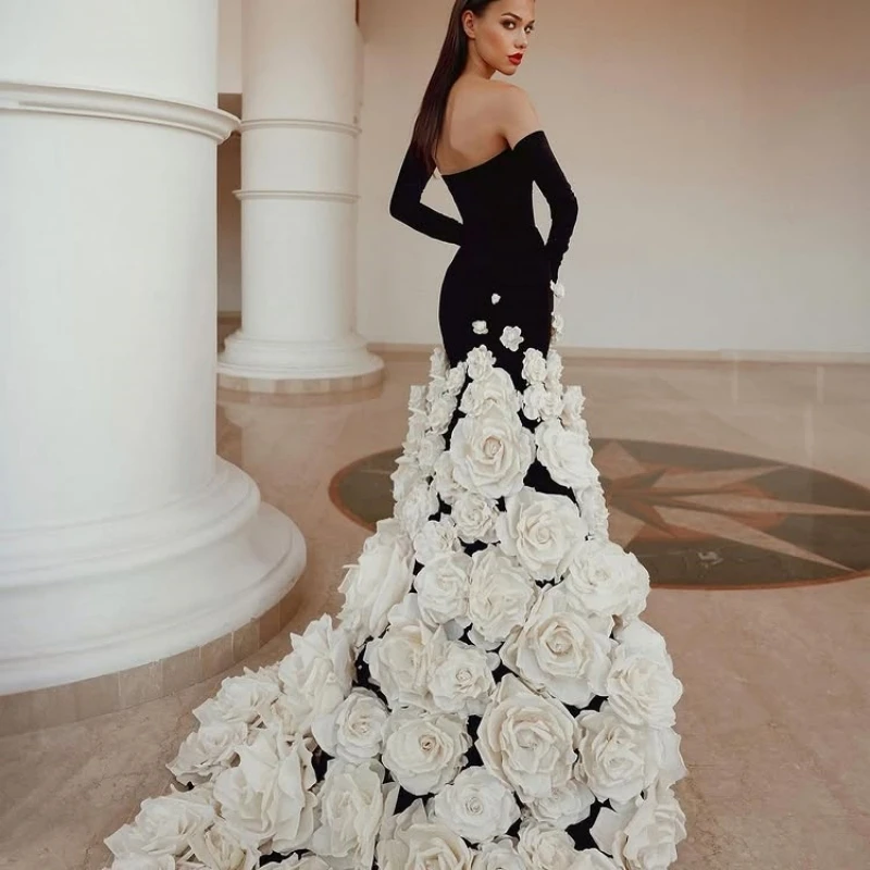 Exquisite 3D Flowers Black Velvet  Mermaid Long Evening Dresses with Gloves Romantic Women Wedding Party Gowns 2025 Customized