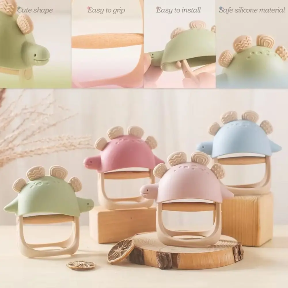 Food Grade Silicone Dinosaur Teether Toy Detachable Wood Baby Teething Toy Pastel Colors Textured Surface Infant Chew Toy
