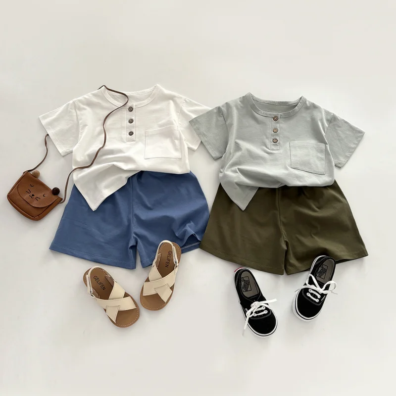 

Children's short-sleeve cotton set, boys' cardigan summer outfit, two-piece set for boys, baby shorts, infant clothing