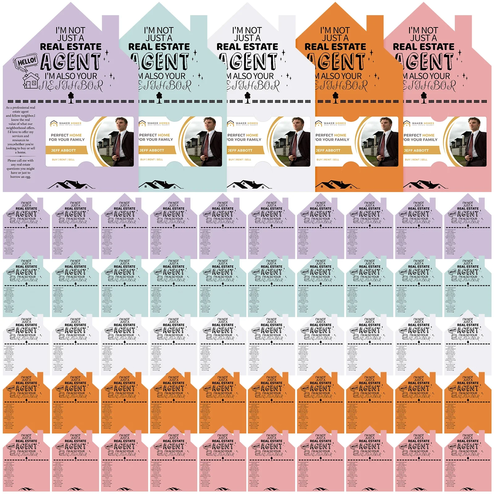 مجموعة من 50 قطعة من بطاقات وكيل العقارات على شكل منزل (5 × 7 بوصات) فتحة بطاقة عمل - 5 ألوان - مستلزمات تسويق منزلية مفتوحة للحقيقي